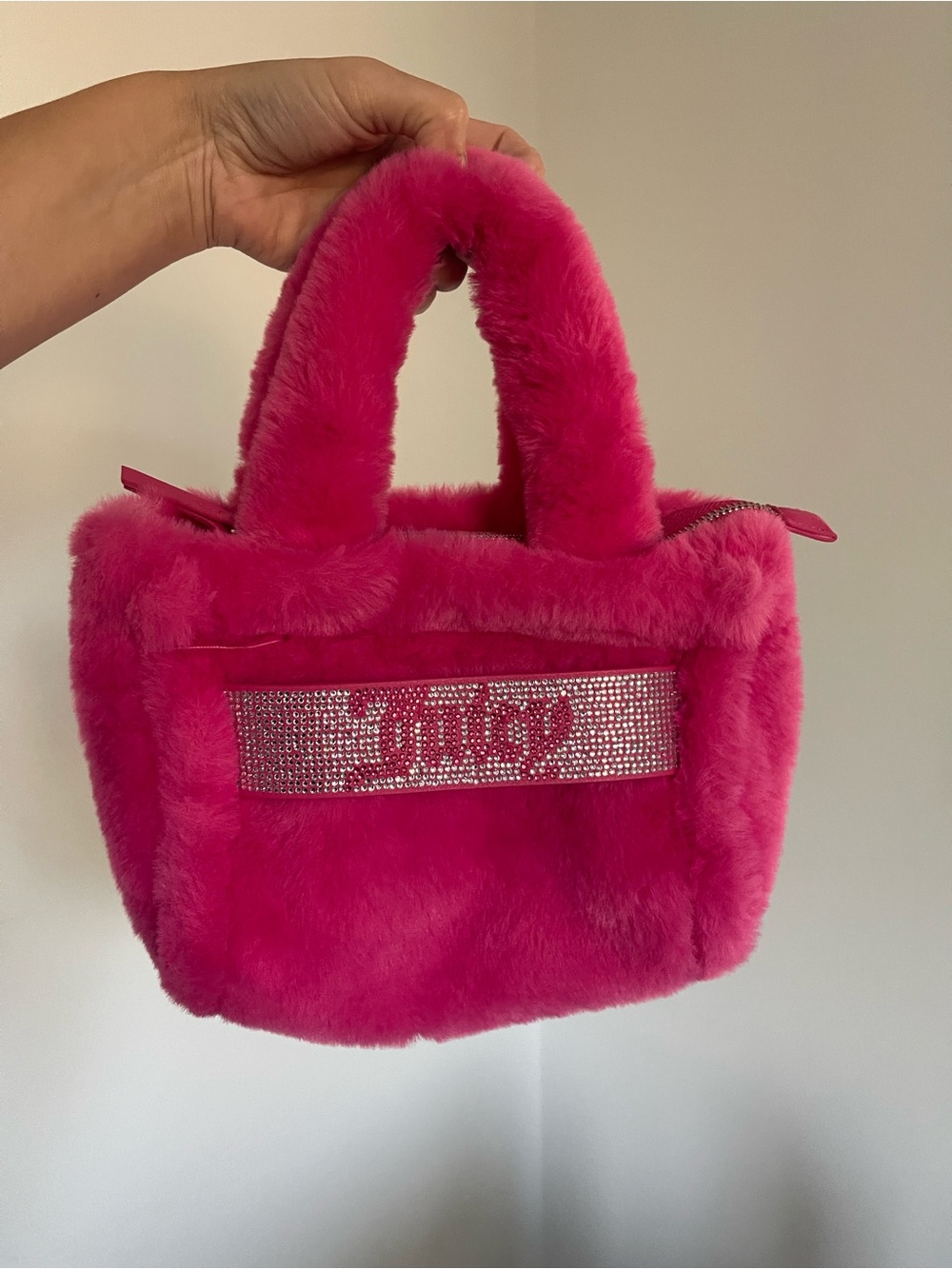 Juicy Couture Hot Pink Faux-Fur Mini Tote with Crystal Logo Band